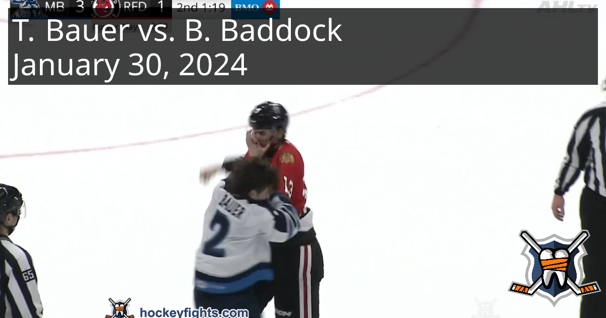 Tyrel Bauer vs. Brandon Baddock, January 30, 2024 - Manitoba Moose vs ...