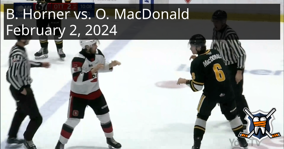 Bradley Horner vs. Owen MacDonald, February 2, 2024 Ottawa 67's vs. Sarnia Sting HockeyFights